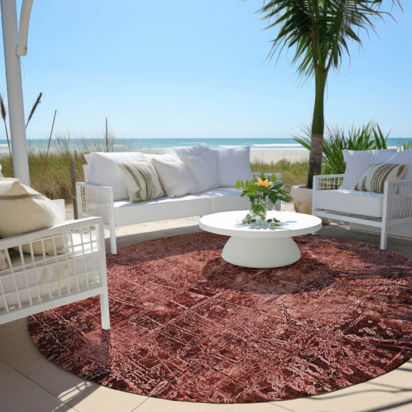 8' Round Merlot Round Abstract Washable Non Skid Indoor Outdoor Area Rug
