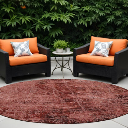 8' Round Merlot Round Abstract Washable Non Skid Indoor Outdoor Area Rug