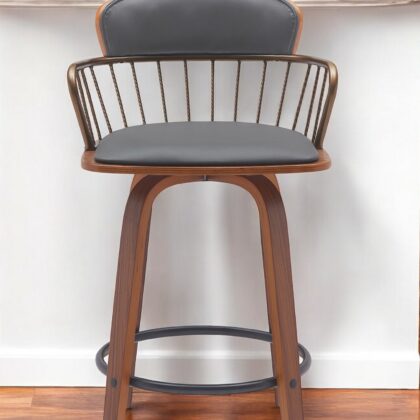 26" Gray And Wood Brown Faux Leather Swivel Low Back Counter Height Bar Chair