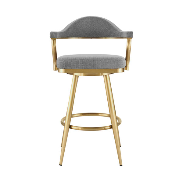 30" Gray and Gold Fabric and Stainless Steel Low Back Bar Height Swivel Bar Chair