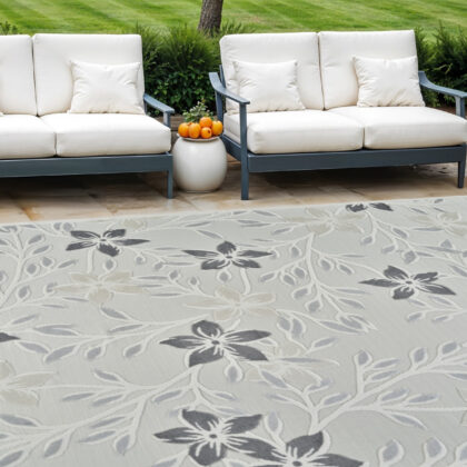 8' X 10' Cream and Gray Floral Distressed Indoor Outdoor Area Rug
