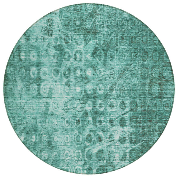 8' Teal Blue Round Ikat Washable Indoor Outdoor Area Rug