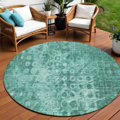 8' Teal Blue Round Ikat Washable Indoor Outdoor Area Rug