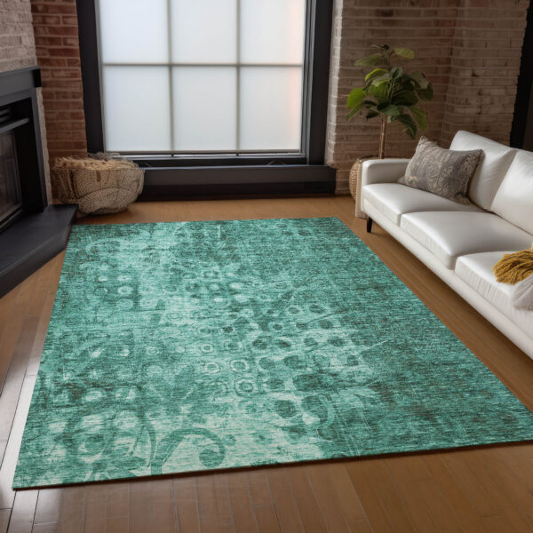 9' X 12' Teal Blue Ikat Washable Indoor Outdoor Area Rug