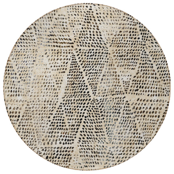 8' Beige Ivory And Black Round Geometric Washable Indoor Outdoor Area Rug