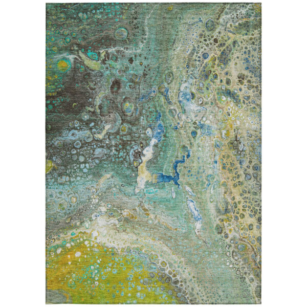 3' X 5' Teal Blue Lime Green And Green Abstract Washable Indoor Outdoor Area Rug