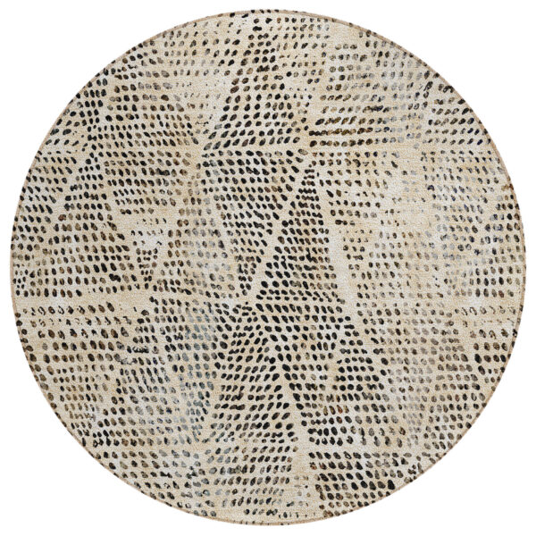 8' Beige Ivory And Black Round Geometric Washable Indoor Outdoor Area Rug