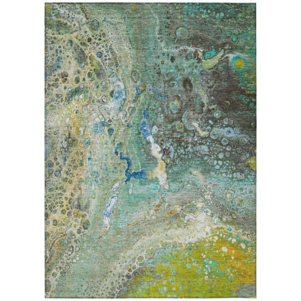 3' X 5' Teal Blue Lime Green And Green Abstract Washable Indoor Outdoor Area Rug