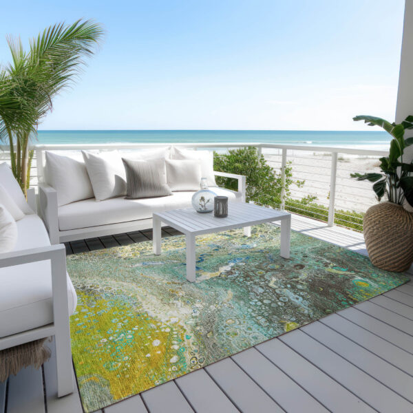 3' X 5' Teal Blue Lime Green And Green Abstract Washable Indoor Outdoor Area Rug