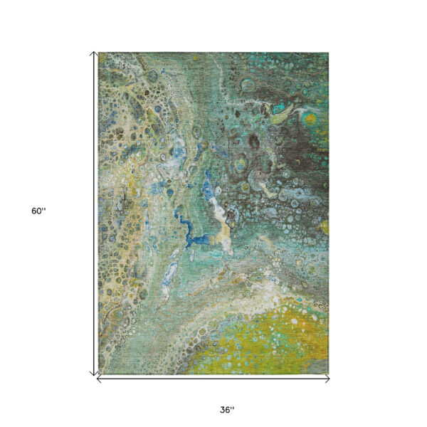 3' X 5' Teal Blue Lime Green And Green Abstract Washable Indoor Outdoor Area Rug