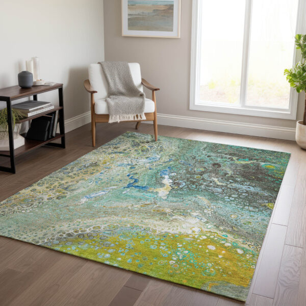 3' X 5' Teal Blue Lime Green And Green Abstract Washable Indoor Outdoor Area Rug