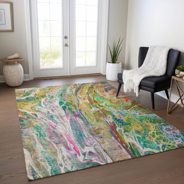 3' X 5' Green Gold And White Abstract Washable Indoor Outdoor Area Rug
