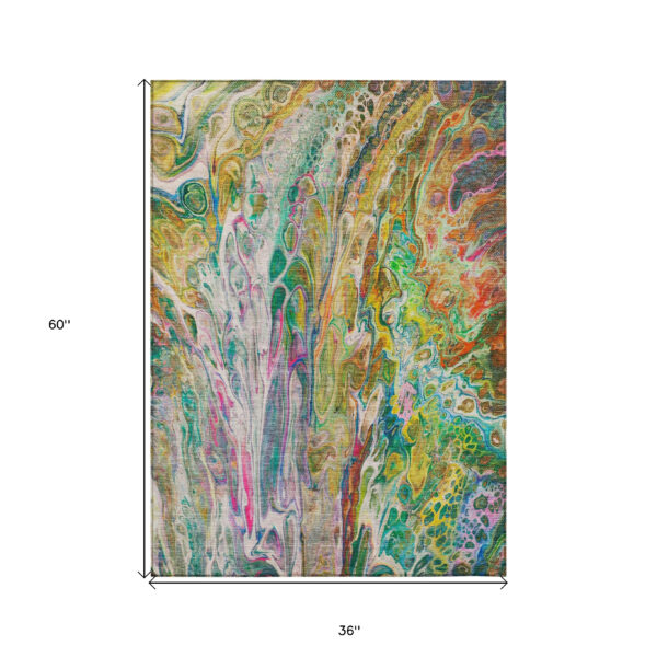 3' X 5' Green Gold And White Abstract Washable Indoor Outdoor Area Rug