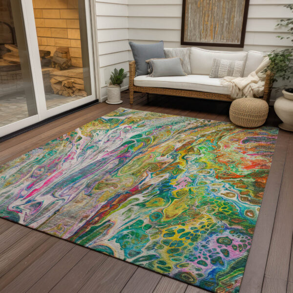 3' X 5' Green Gold And White Abstract Washable Indoor Outdoor Area Rug