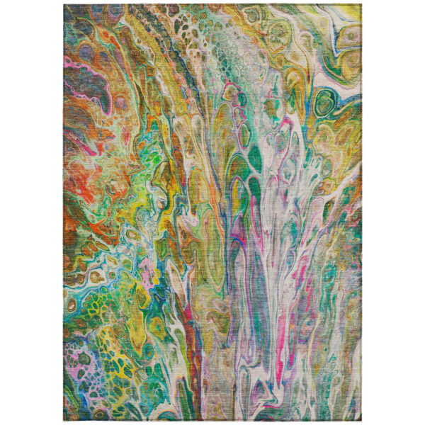 3' X 5' Green Gold And White Abstract Washable Indoor Outdoor Area Rug