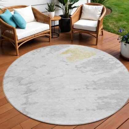 8' Silver Gray And Ivory Round Abstract Washable Indoor Outdoor Area Rug