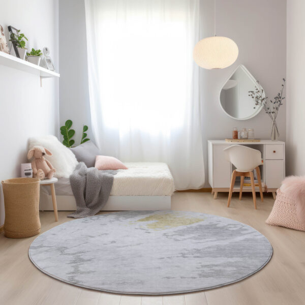 8' Silver Gray And Ivory Round Abstract Washable Indoor Outdoor Area Rug