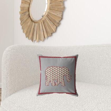18” Red Gray Elephant Zippered Suede Throw Pillow