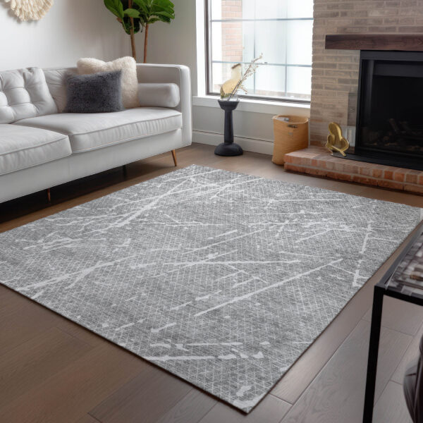 8' X 10' Gray Ivory And Silver Abstract Washable Indoor Outdoor Area Rug