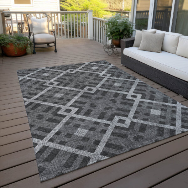 9' X 12' Charcoal Gray And Silver Geometric Washable Indoor Outdoor Area Rug