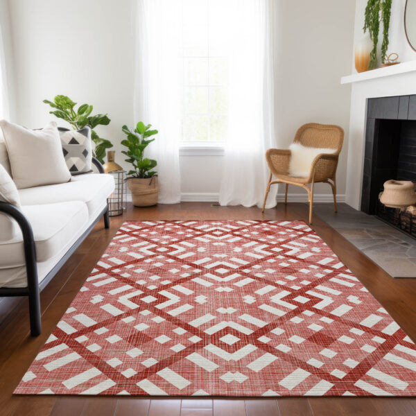 10' X 14' Red And Ivory Geometric Washable Indoor Outdoor Area Rug