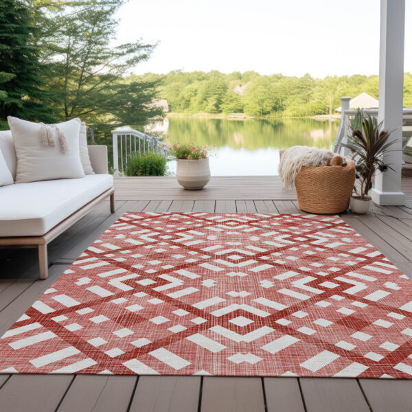 10' X 14' Red And Ivory Geometric Washable Indoor Outdoor Area Rug