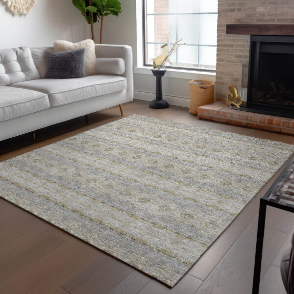 8' X 10' Silver Gray And Gold Floral Medallion Washable Indoor Outdoor Area Rug