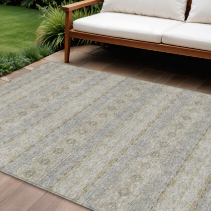 8' X 10' Silver Gray And Gold Floral Medallion Washable Indoor Outdoor Area Rug