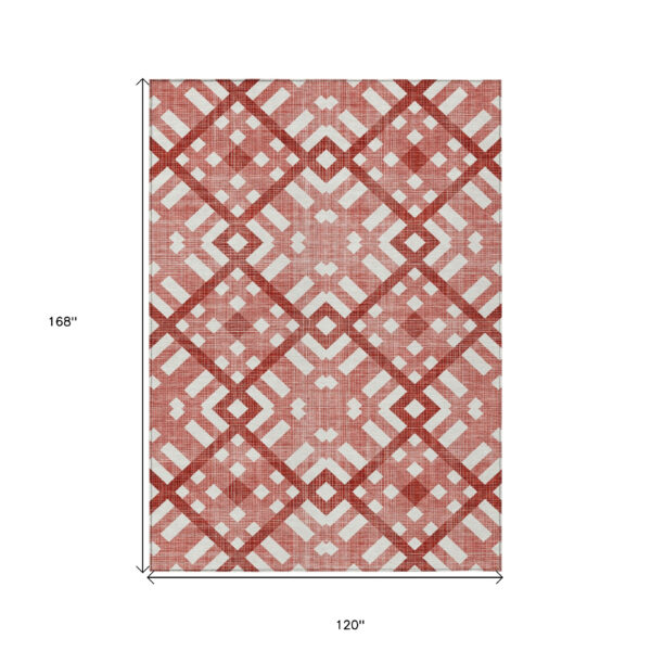 10' X 14' Red And Ivory Geometric Washable Indoor Outdoor Area Rug
