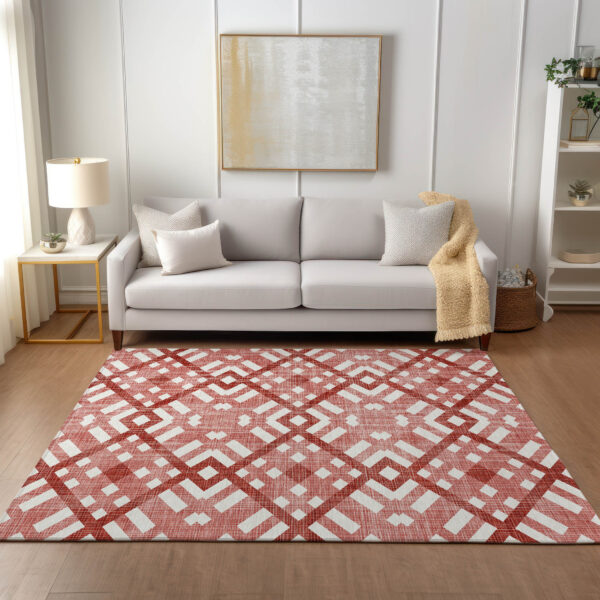 10' X 14' Red And Ivory Geometric Washable Indoor Outdoor Area Rug