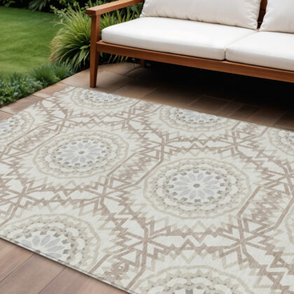 10' X 14' Ivory Beige And Silver Floral Medallion Washable Indoor Outdoor Area Rug
