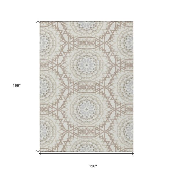 10' X 14' Ivory Beige And Silver Floral Medallion Washable Indoor Outdoor Area Rug