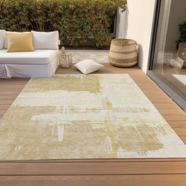5' X 8' Beige Gold And Tan Abstract Washable Indoor Outdoor Area Rug