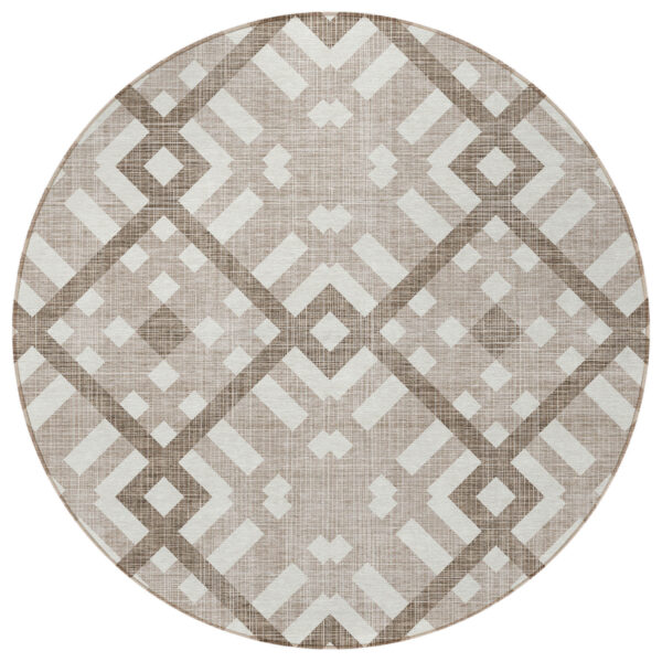 8' Taupe Brown And Ivory Round Geometric Washable Indoor Outdoor Area Rug