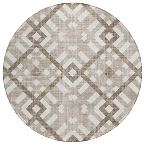 8' Taupe Brown And Ivory Round Geometric Washable Indoor Outdoor Area Rug