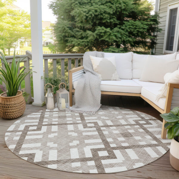 8' Taupe Brown And Ivory Round Geometric Washable Indoor Outdoor Area Rug