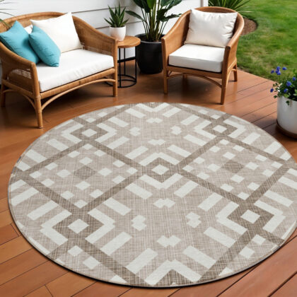 8' Taupe Brown And Ivory Round Geometric Washable Indoor Outdoor Area Rug