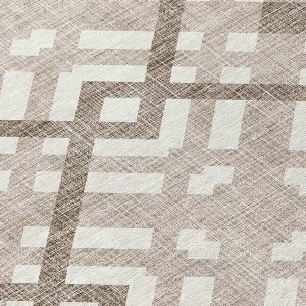 8' Taupe Brown And Ivory Round Geometric Washable Indoor Outdoor Area Rug