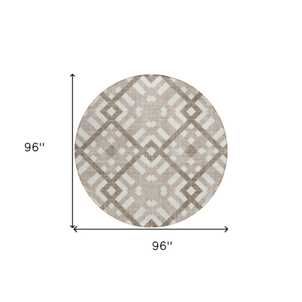 8' Taupe Brown And Ivory Round Geometric Washable Indoor Outdoor Area Rug