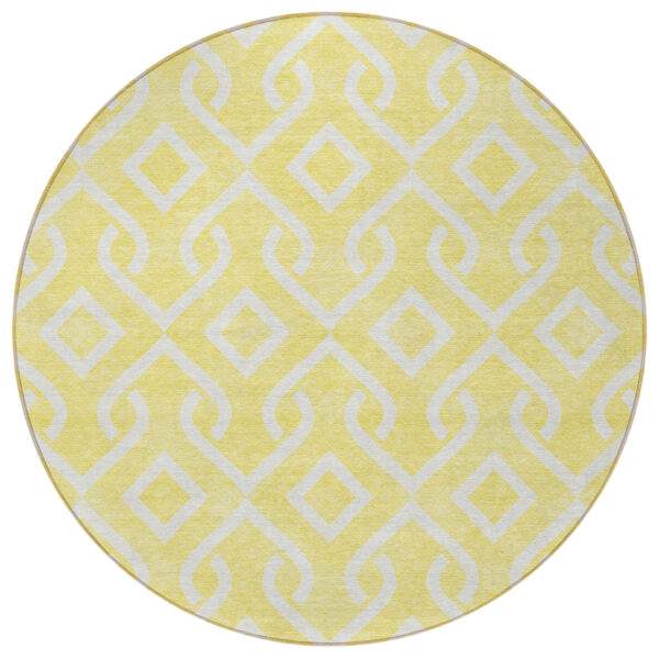 8' Yellow And Ivory Round Geometric Washable Indoor Outdoor Area Rug