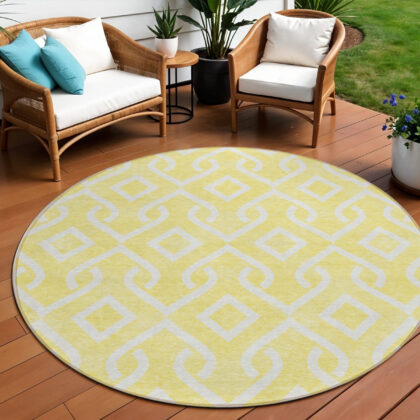 8' Yellow And Ivory Round Geometric Washable Indoor Outdoor Area Rug