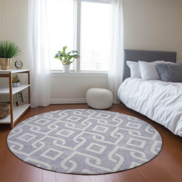 8' Lavender And Ivory Round Geometric Washable Indoor Outdoor Area Rug