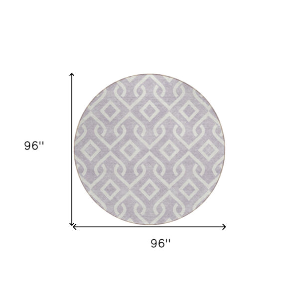 8' Lavender And Ivory Round Geometric Washable Indoor Outdoor Area Rug