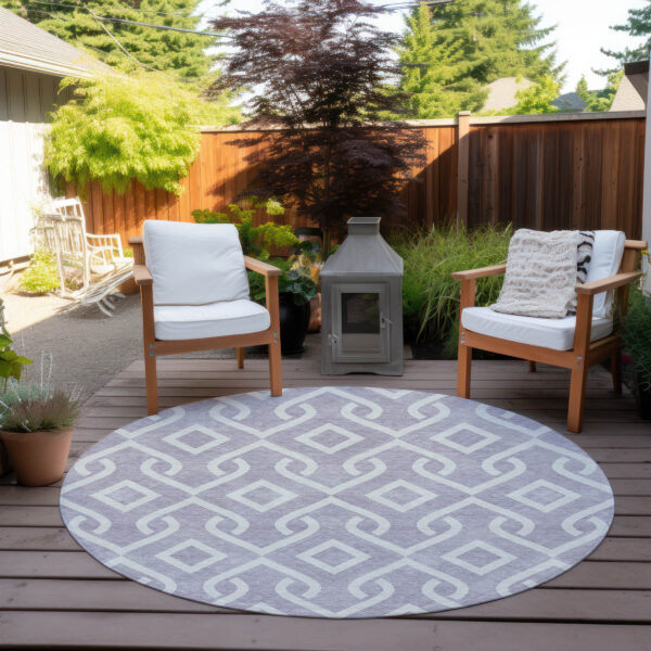8' Lavender And Ivory Round Geometric Washable Indoor Outdoor Area Rug