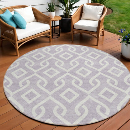 8' Lavender And Ivory Round Geometric Washable Indoor Outdoor Area Rug