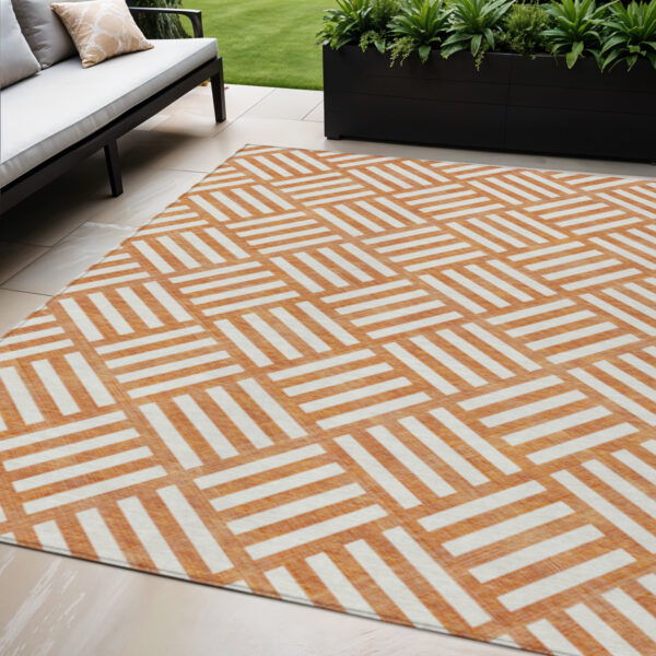 5' X 8' Orange And Ivory Geometric Washable Indoor Outdoor Area Rug