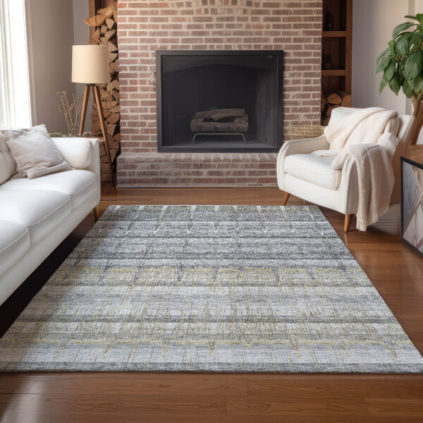 9' X 12' Gray Silver And Charcoal Striped Washable Indoor Outdoor Area Rug