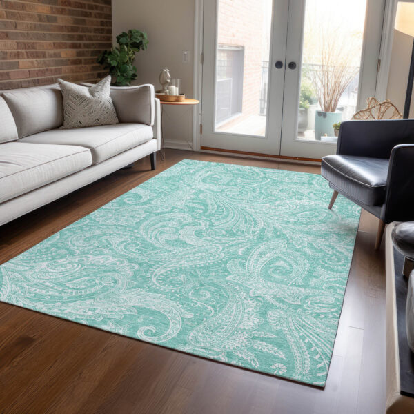 9' X 12' Teal Blue And Ivory Paisley Washable Indoor Outdoor Area Rug