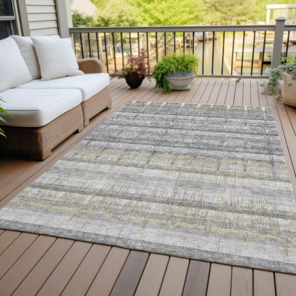 9' X 12' Gray Silver And Charcoal Striped Washable Indoor Outdoor Area Rug