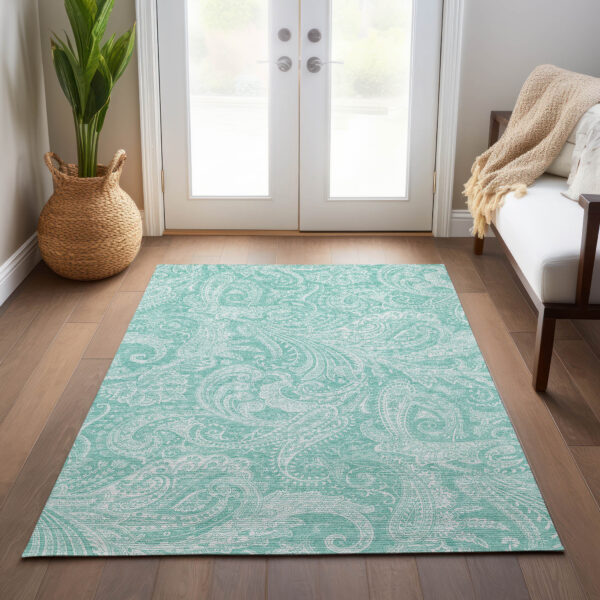 9' X 12' Teal Blue And Ivory Paisley Washable Indoor Outdoor Area Rug